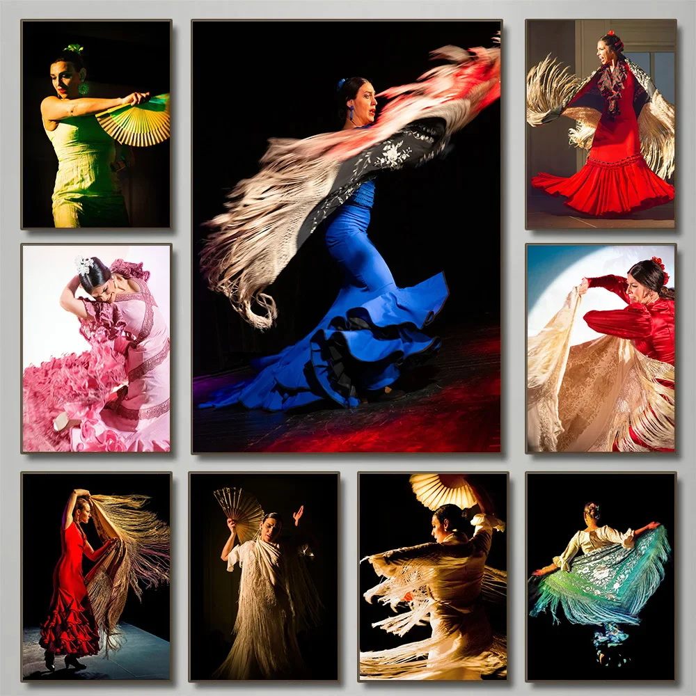 Red Dress Flamenco Dancer Figure Spanish Gitana Dancing Girl Poster Canvas Painting Wall Art Pictures Home Interior Decor Gif