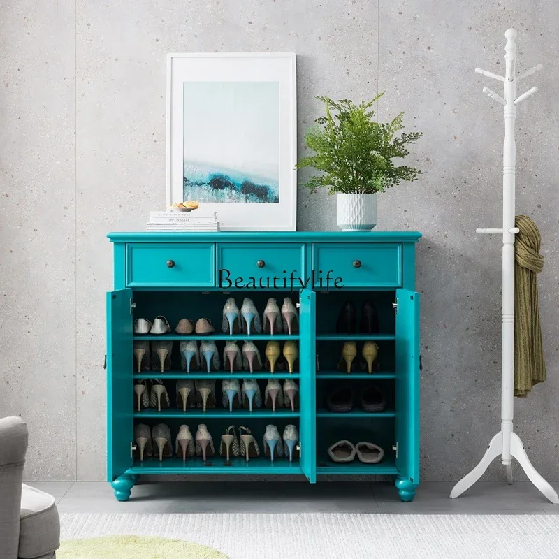 LS 04 خزانة أحذية خشبية صلبة ريفية أمريكية، خزانة تقسيم بهو بسيطة ذات سعة كبيرة