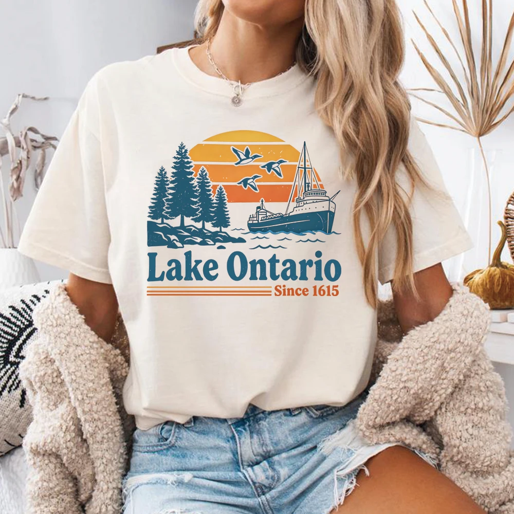 Vintage Lake Ontario T-shirt Great Lakes Tshirt Retro Canada Lake Tee Nautical Boat Graphic Short Sleeves Tops Lake Life Gift