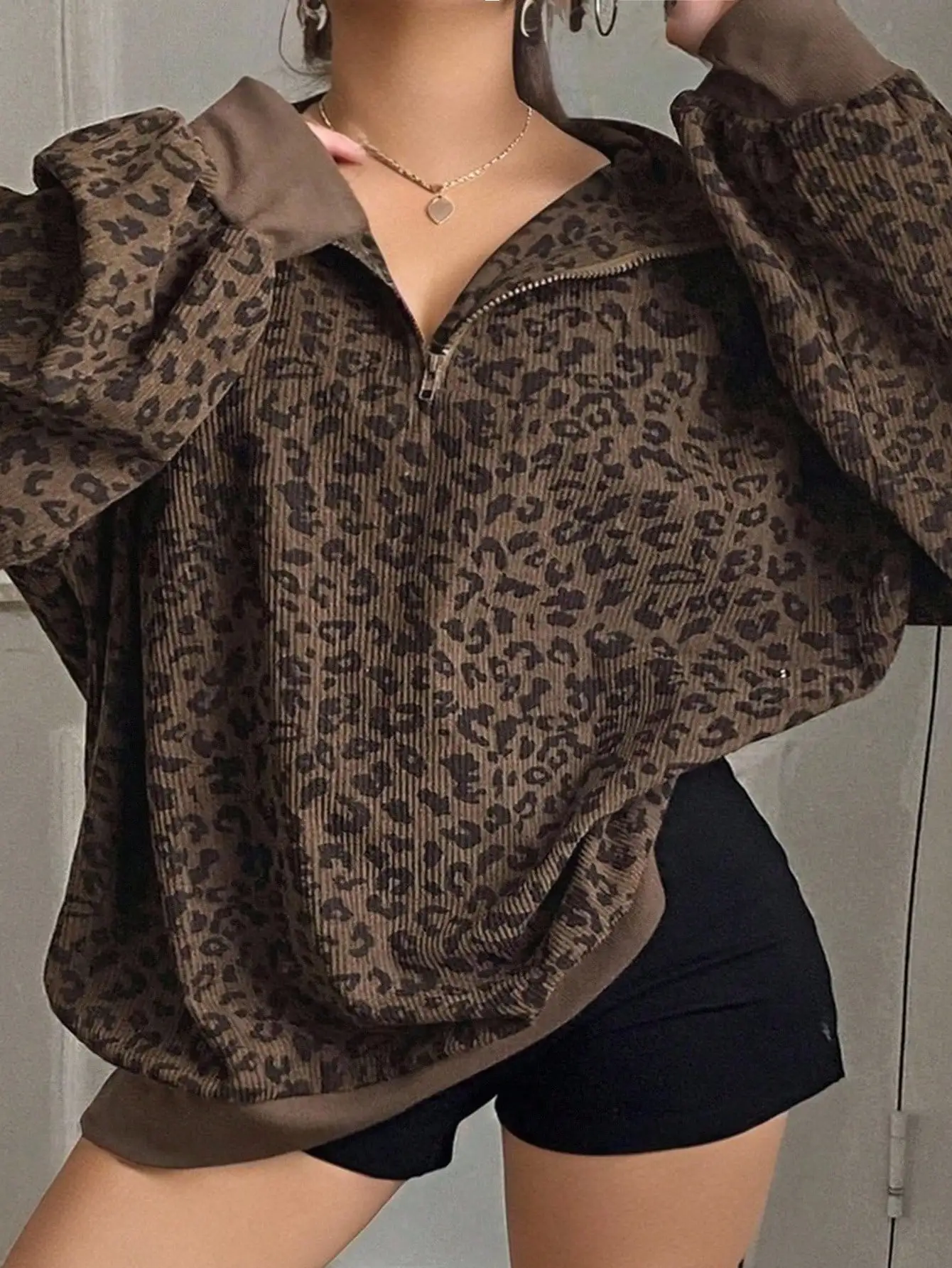 

Leopard Print Zip-Up Hoodie with Puff Sleeves, Street Style Fall/Winter Women's Pullover