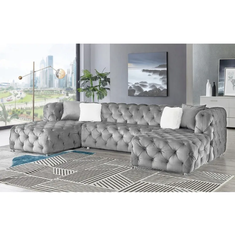 Light luxury full pull buckle fabric sofa combination Italian villa living room double concubine corner sofa furniture