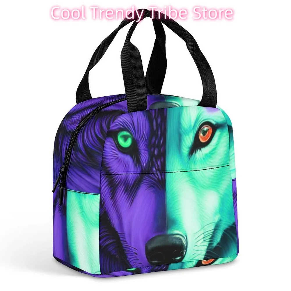 Women/Men Pink and Blue Cool Wolf Moon Art Lunch Bag Snacks Organizer for Work Office, Multi-Purpose Portable Lunch Pail Contain