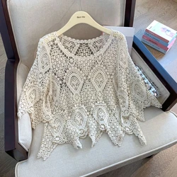 REALEFT Summer Lace Crochet Embroidery Women's White Shirts 2024 New Hollow Out Beach Bohemian Flare Sleeve Knitted Tops Female