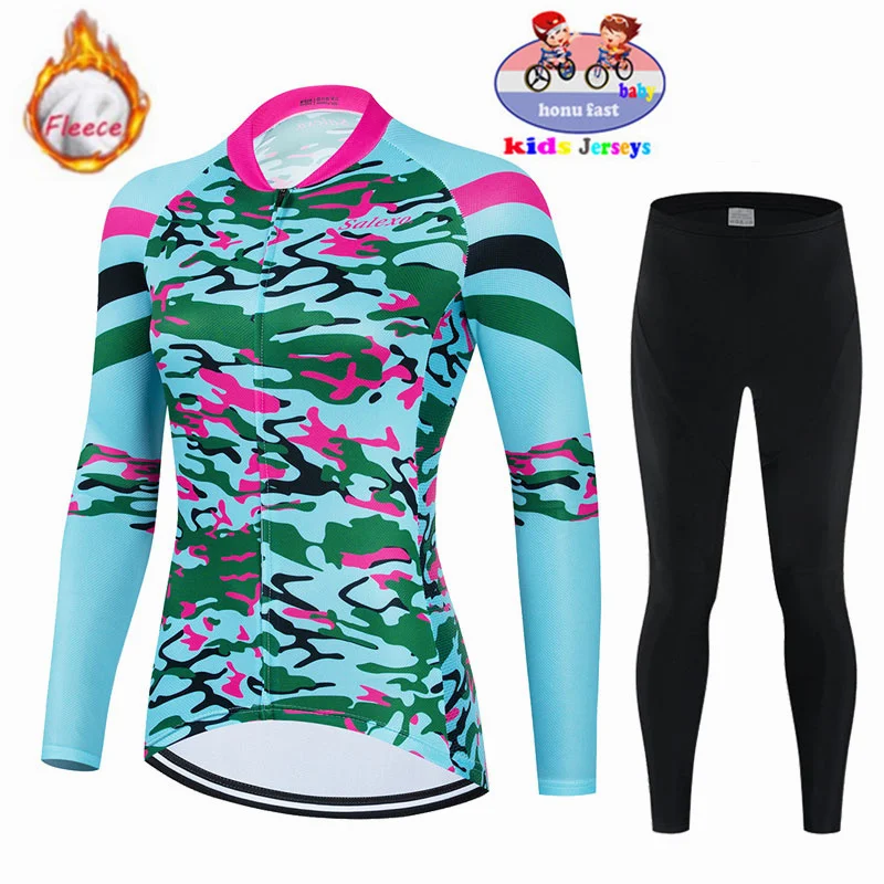 New 2023 Kids Winter Thermal Fleece Cycling Jersey Set MTB Bicycle Girl Cycling Clothes Warm Bike Children Cycling Clothing Suit