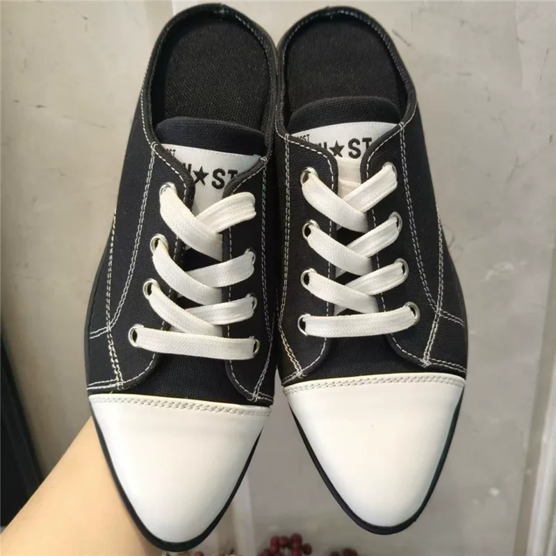 Spring and summer pointed toe lace-up canvas square-heel flat casual slippers daily pullover large size low-heeled women's shoes