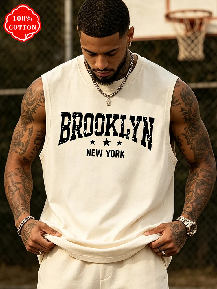 Men 100% Cotton Crew Neck Tank Top Vintage Brooklyn NY Star Print Sleeveless Shirt Loose Streetwear Summer Gym Muscle Tank-T88