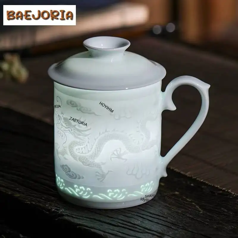 420ml Misty Blue Dragon Phoenix Filter Tea Separator Cup Traditional Tea Mug With Infuser Tea Maker Office Water Cup Tableware