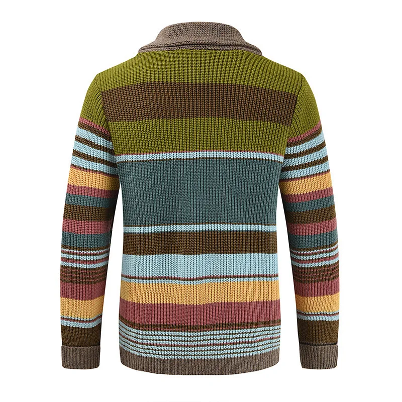 Herren Schalkragen Strickjacke Herbst Winter Farbblock Gestreifter Pullover Vintage Knopfleiste Lässige Lose Oberbekleidung Für M – Detail 21
