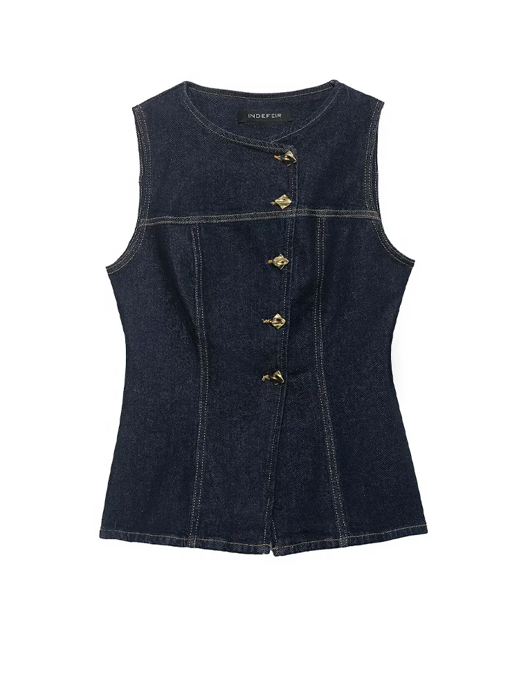 HH Summer Women Elegant Round Collar Single-breasted Solid Streetwear Denim Top Female Sleeveless Party Waist Short Waistcoat