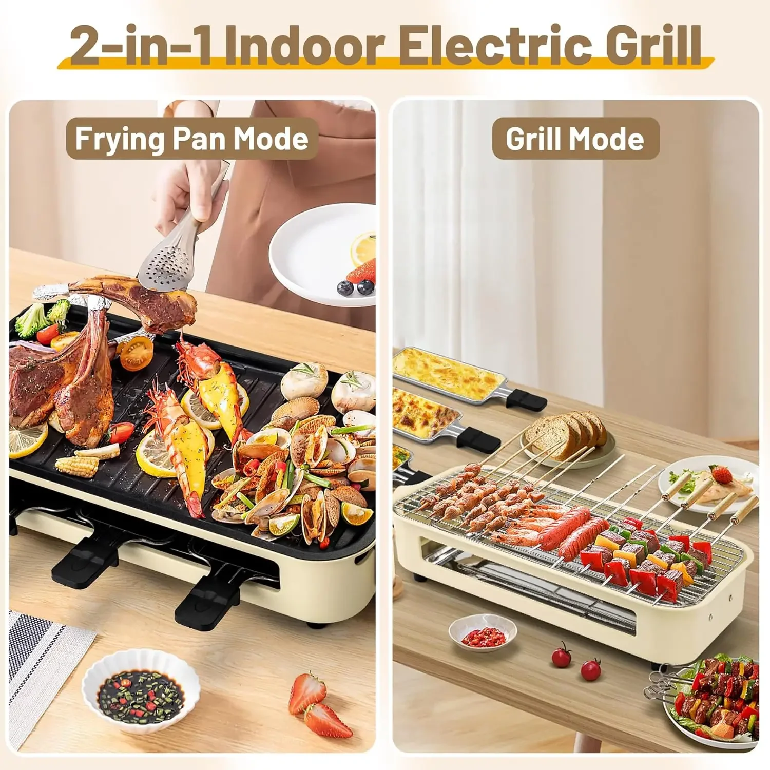 

Indoor Grill,2 in 1 Indoor Grills for Kitchen with Grill Net & Non-Stick Cooking Removable Plate, Temperature Control, Dishwashe