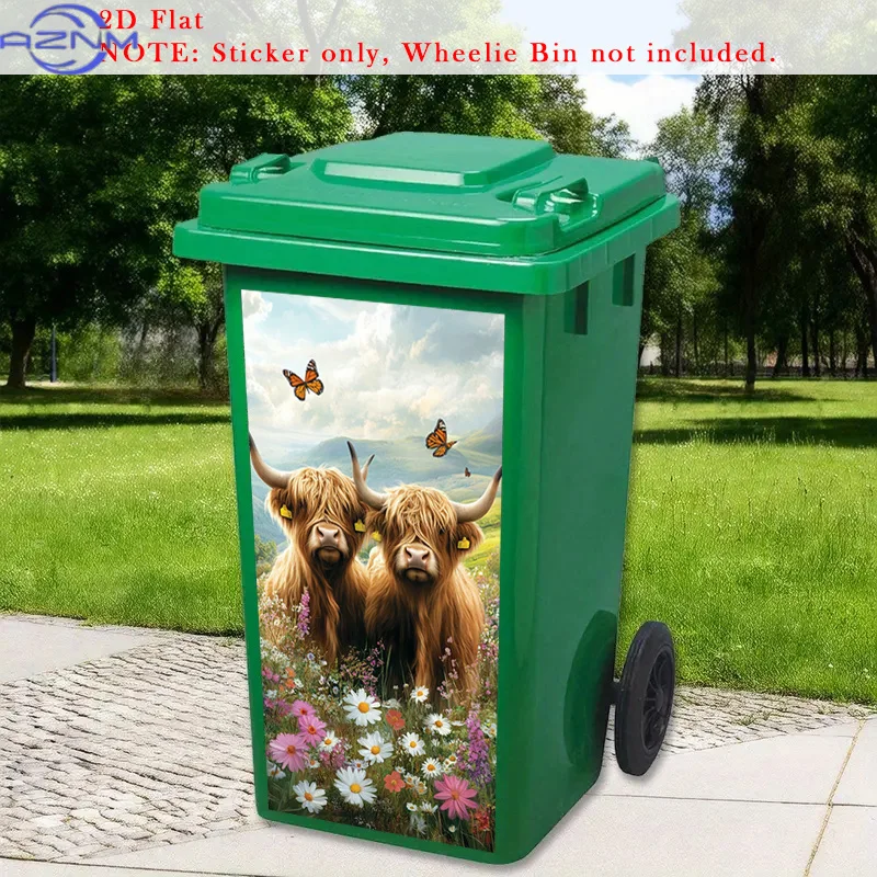 2D Flat Highland Cow Trash Can Decal, Field Flowers Trash Can Stickers Decor, Serene Landscape Trash Can Stickers, Butterflies