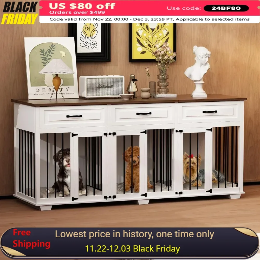 Dog Crate Furniture with 3 Rooms, 70.9