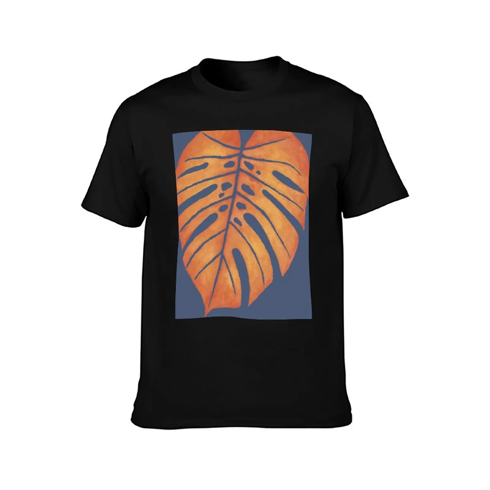 ORANGE MONSTERA LEAF – Watercolor Tropical Frond In Red & Yellow Against Slate T-Shirt cotton tshirt 100% T-Shirt
