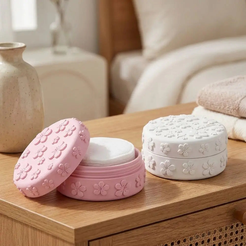 3D Printed Makeup Cotton Storage Box Dust-Proof with Lid Beauty Storage Jar Aesthetic Embossed Cherry Powder Puff Box Beauty