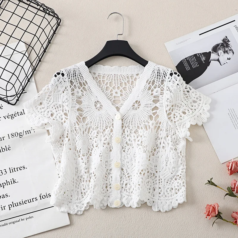 Sheer Crochet Top Short Sleeve Button Front V-Neck Open-knit Embroidery Blouse Women Summer Fairycore Cottagecore Outfit