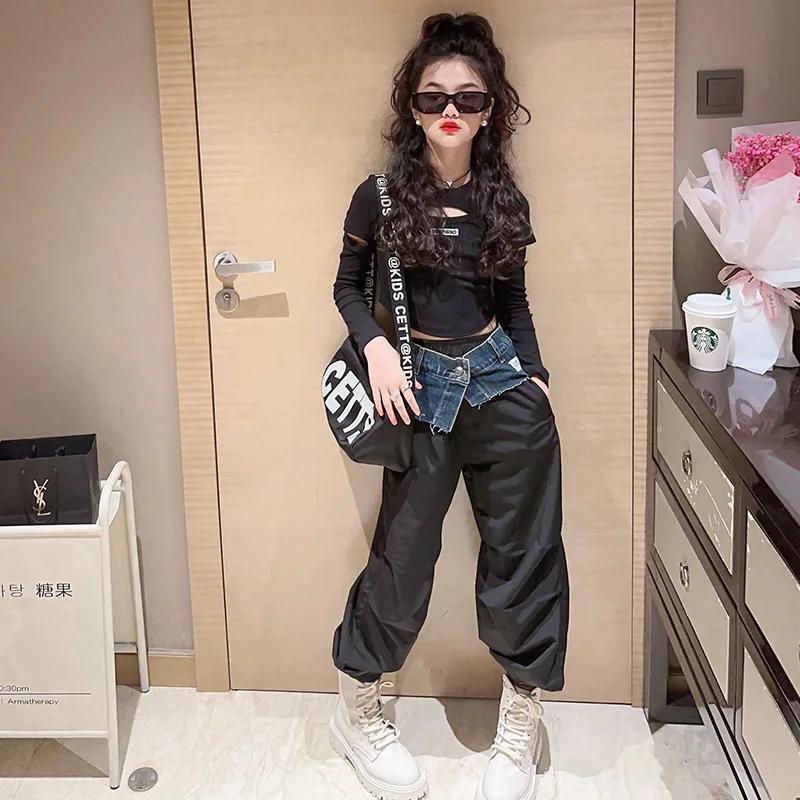 Hip Hop Kids Clothes Girls Sets Slim T-shirt Tops High Waist Black Denim Wide Leg Pants Jazz Girl Dance Suits Spring Autumn 2024