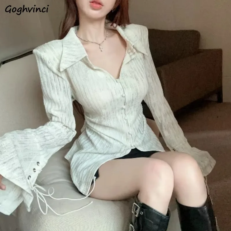 Women Shirt Turn-down Collar Chic Defined Waist Button Lace-up Design Casual Korean Fashion Autumn Mujer Sexy Girls Harajuku