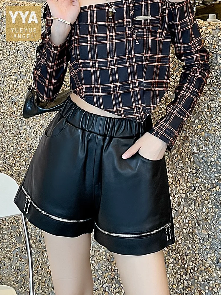 High Street Women Genuine Leather Shorts Elastic High Waist New Summer A-Line Wide Leg Shorts Punk Style Female Sheepskin Shorts