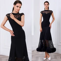 Fashion Adults Modern Dancing Dresses Women'S Latin Dance Competition Costume Black Lace Sleeves Latin Top Long Skirts SL13803