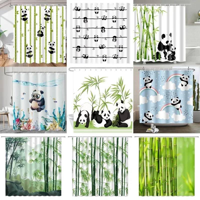VIKAMA Animal Theme Shower Curtain Lovely Giant Pandas Green Bamboo Pattern Waterproof Fabric Bathroom Partition Curtain