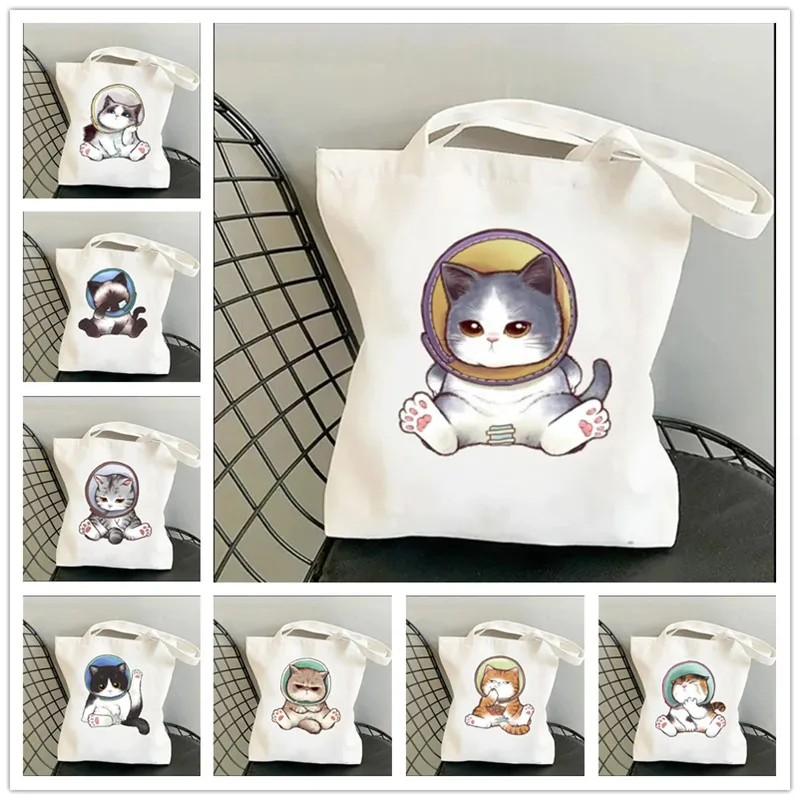 Women Shoulder Bags Funny Cartoon Cat Lady Tote Handbag Large Capacity No Zipper Shopping Shopper Bag Reusable Eco Girl Handbags