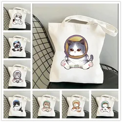 Women Shoulder Bags Funny Cartoon Cat Lady Tote Handbag Large Capacity No Zipper Shopping Shopper Bag Reusable Eco Girl Handbags