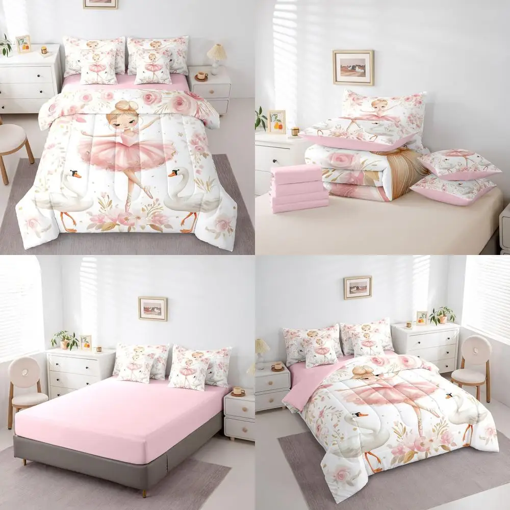 

Двойной комплект одеял для балерины для девочек — постельное белье «Белый лебедь» с принтом «Розовый цветок», включает постельное белье в сумке, простыни и подушку.