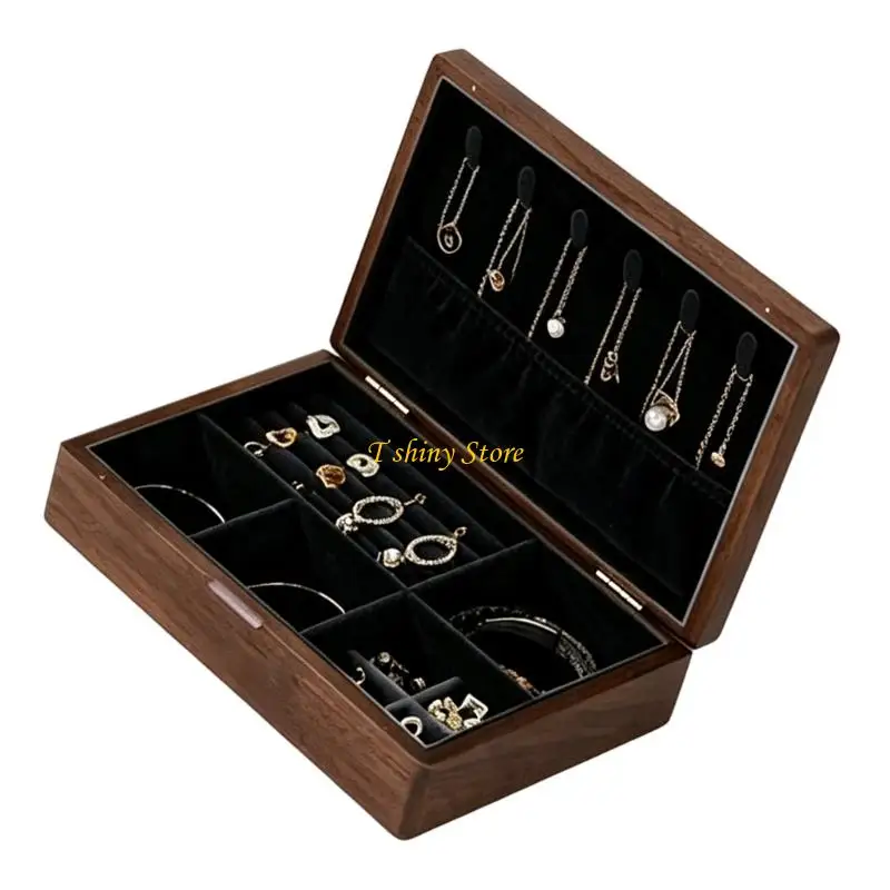 N58F Sectioned Jewelry Storage Case with Ring Rolls, Built-In Necklace Hanging Space, Hinged Lid, and Star-Pattern Artwork