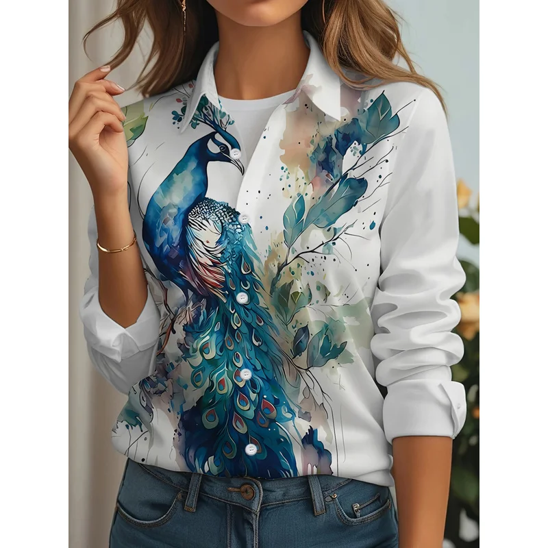 Nueva Camisa Casual de Manga Larga para Mujer, Color Azul Turquesa con Diseño de Pavo Real en una Rama y Estampado de Flores y Hojas, Versátil