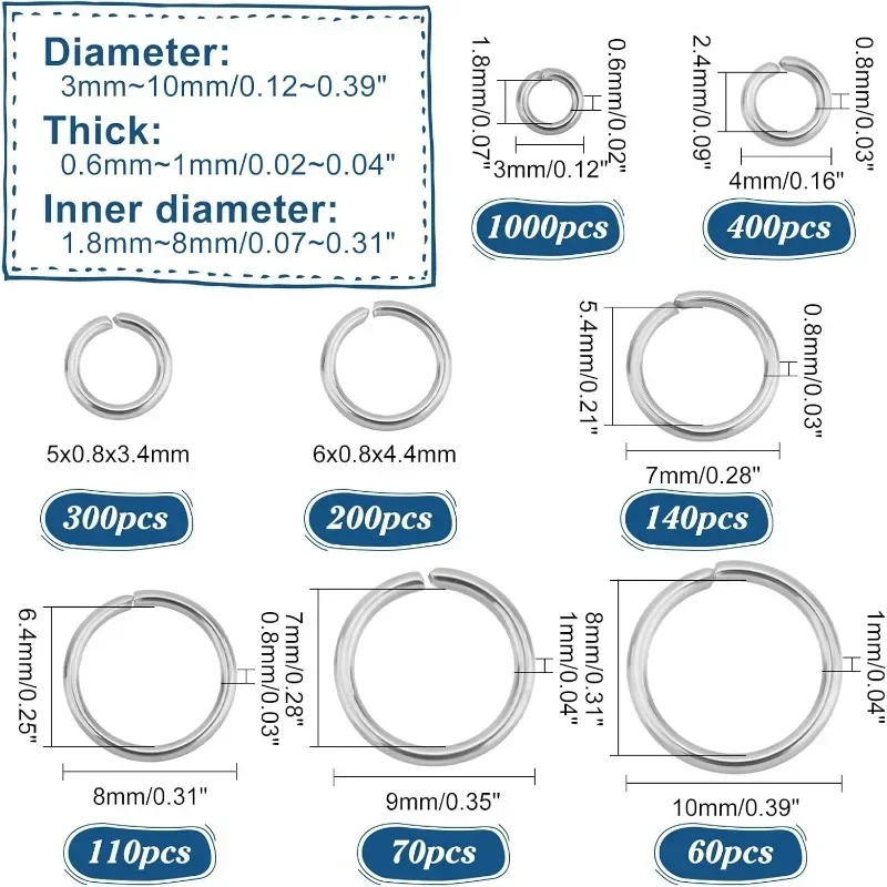 Open Jump Ring 304 Stainless Steel 2280pcs 8 Sizes O Rings Jewelry Making Connect Rings Dia 3mm 4mm 5mm 6mm 7mm 8mm