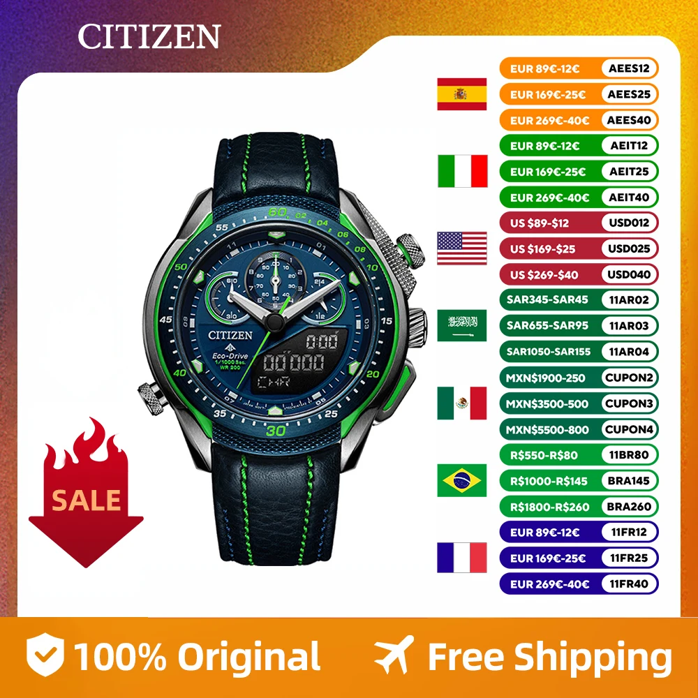 Reloj CITIZEN Original PROMASTER con cronógrafo LED para hombre, reloj de buceo resistente al agua Eco Drive, reloj deportivo luminoso JW0148-12L