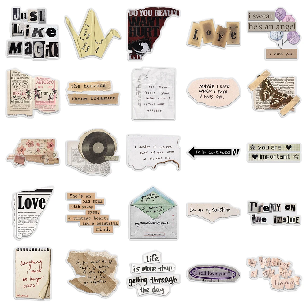10/30/50 Uds. Pegatinas Retro hechas a mano con texto fragmentado transparente, calcomanías de grafiti creativas, álbum de recortes DIY, paquete de pegatinas para teléfono y guitarra
