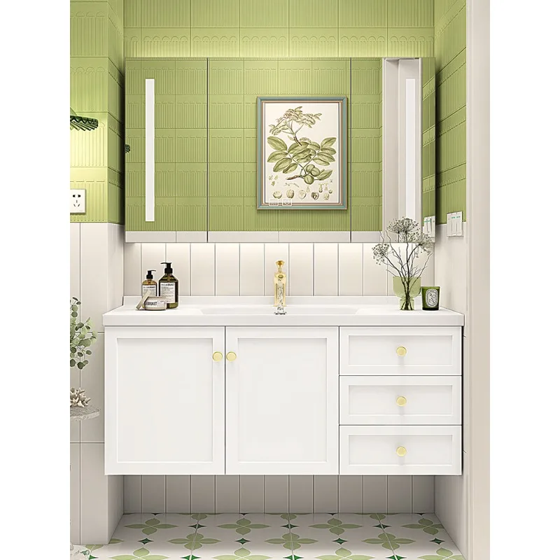 

Oak bathroom cabinet ceramic integrated basin French cream wind smart bathroom washbasin cabinet combination