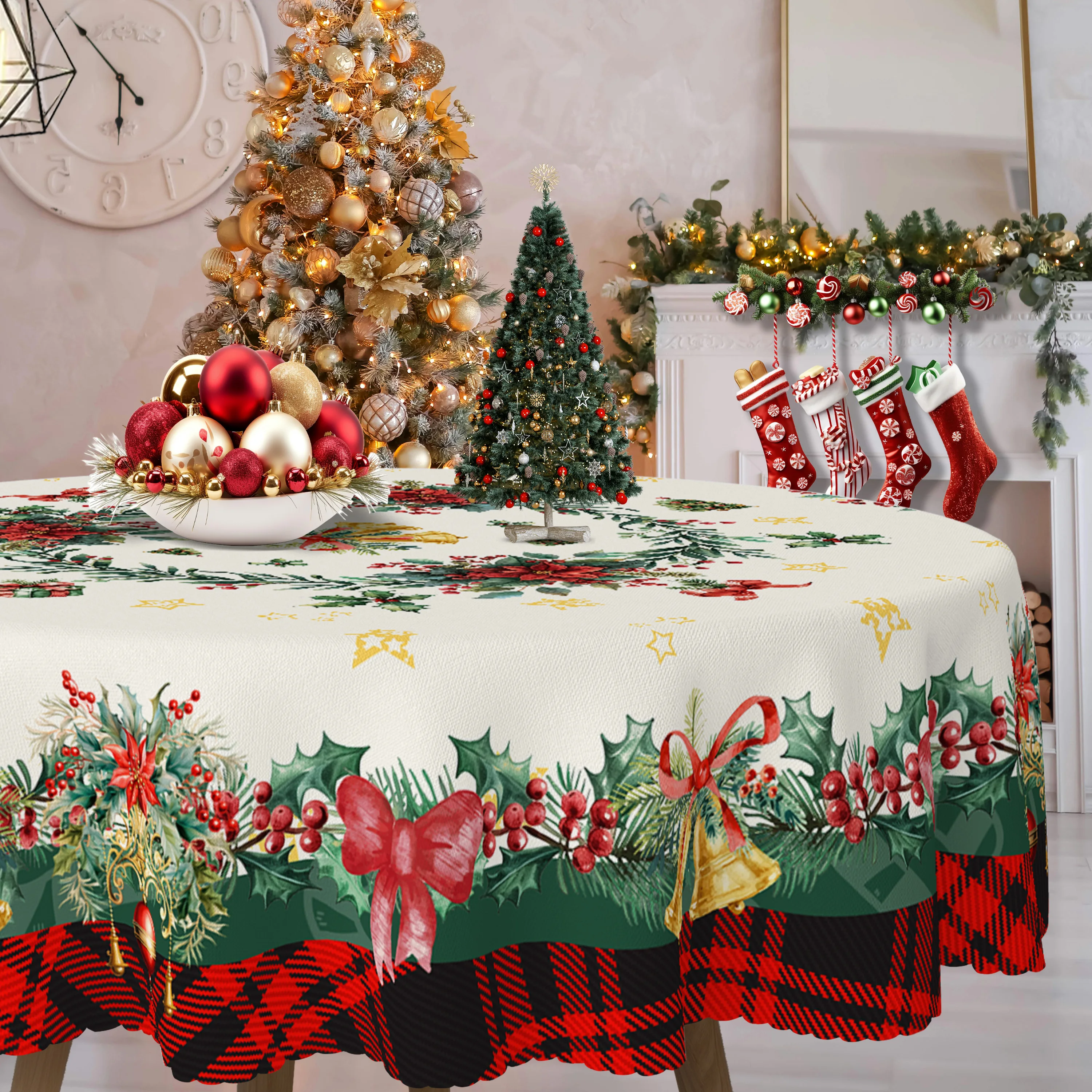 Christmas Rose Themed Tablecloth, Luxurious and Beautiful Bells and Christmas Balls, Christmas Roses, Beautifully Packaged Gift Box with Bow, Delicious Berries, Twinkling Star Print Pattern, Embossed Edge Craftsmanship, Waterproof, Wrinkle-Resistant, Fade-Resistant, Round and Rectangular Options Available, Suitable for Indoor and Outdoor Dining Tables in Winter, Perfect for Home Kitchen, Restaurant, Terrace, and Courtyard Use, Holiday Party Decoration, Perfect Christmas Gift Sj048