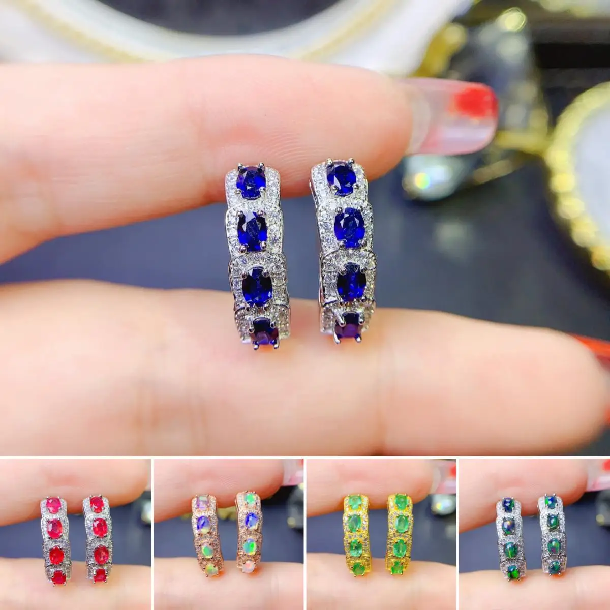 

FS Natural 3*4 Emerald/Sapphire/Ruby/Opal Ear Buckle S925 Pure Silver Fine Fashion Weddings Jewelry for Women MeiBaPJ