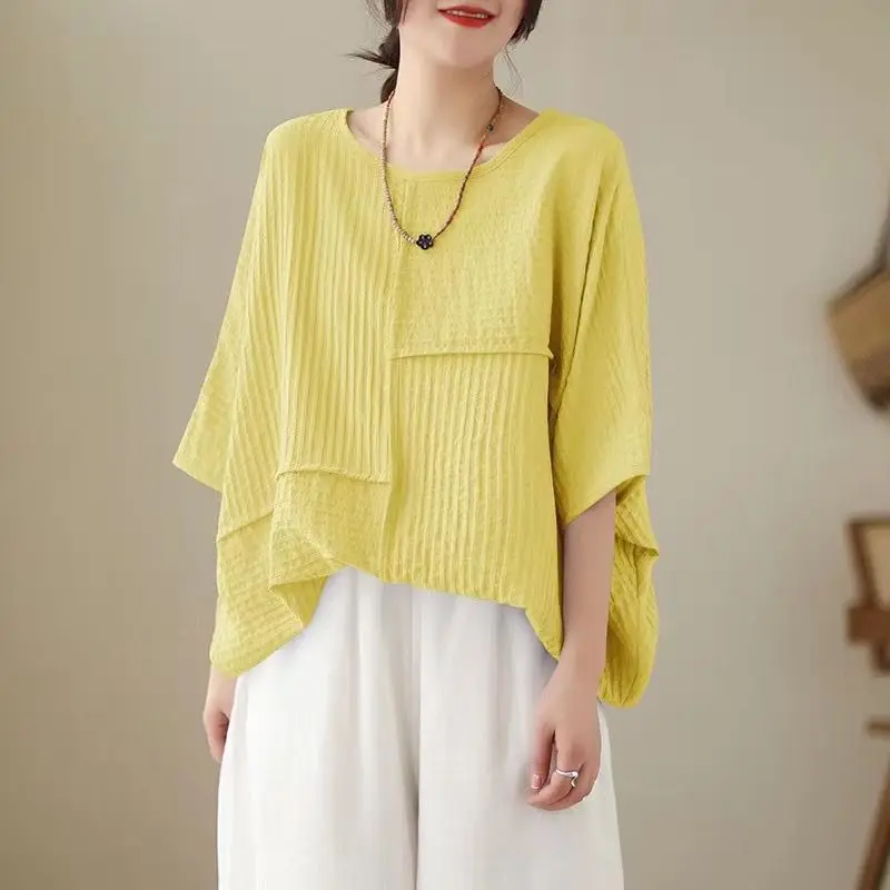 plus Size Summer Women's T-Shirt Loose Batwing Sleeve Patchwork Pure Color Slimming Belly Covering Meat Concealing Top