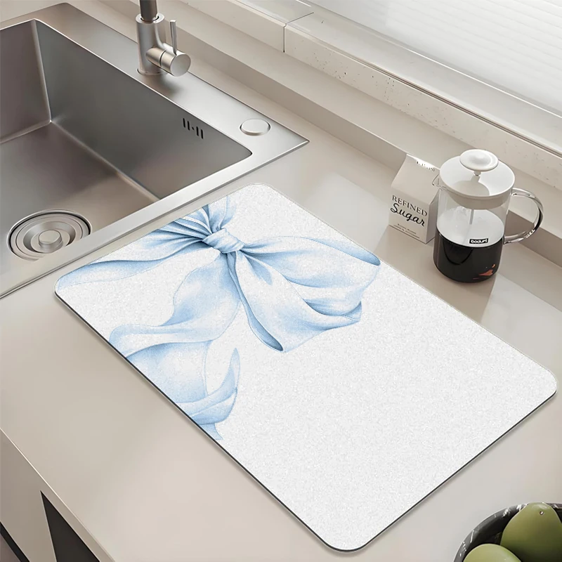 

Blue Bow Pattern Kitchen Drying Mat - Non-Slip Absorbent Quick Dry Pad for Sink Countertop