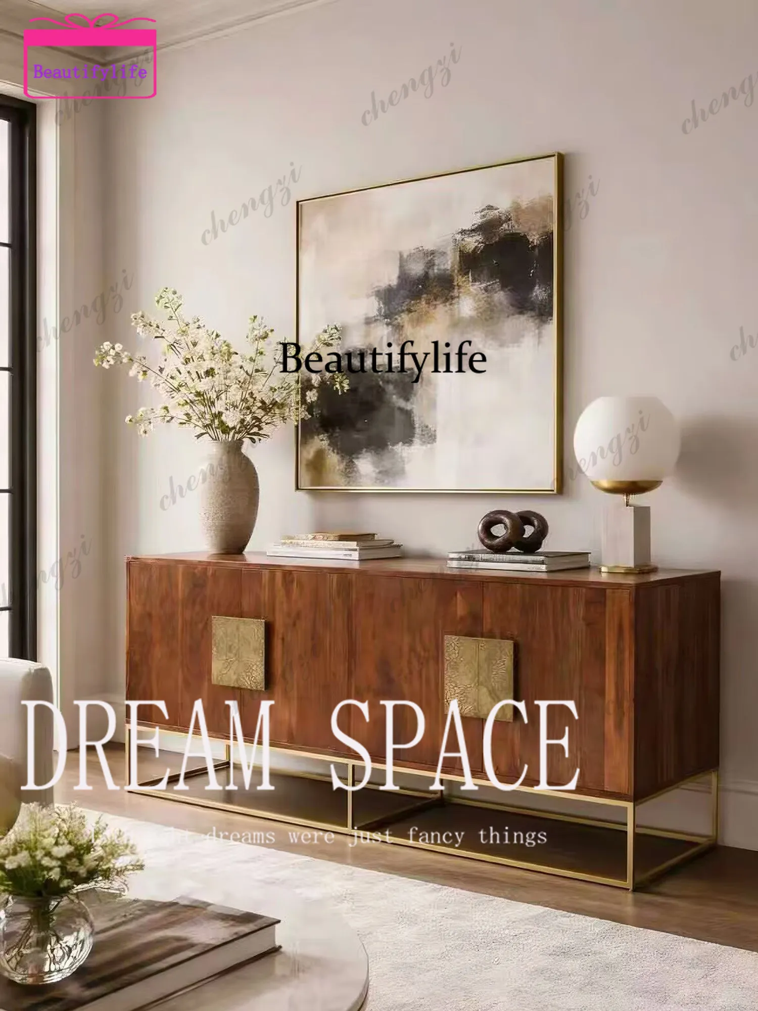 A55 Retro new wall dining side cabinet stainless steel foot handle, relief storage, entrance cabinet medieval furniture