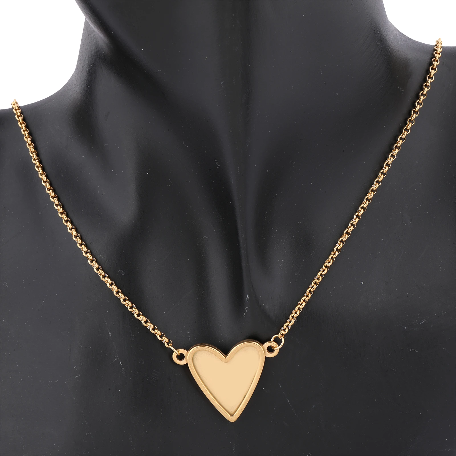 2pcs Stainless Steel Gold Plated Chain Necklace Base Blanks 16x17mm Heart Cabochon Pendant Setting Trays Diy Jewelry Findings