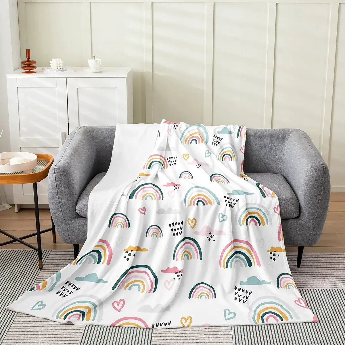 

Boho Rainbow Throw Blanket Kids Cozy Soft Flannel Rainbow Blanket Fluffy Blankets for Teen Daughter Birthday Gifts Sofa Decor