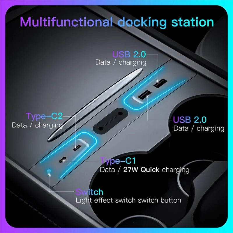 

Light 27W Quick Charger USB Hub For Tesla Model 3 Tesla Model Y 2021-2023 With Aperture Intelligent Docking Station Replacement-