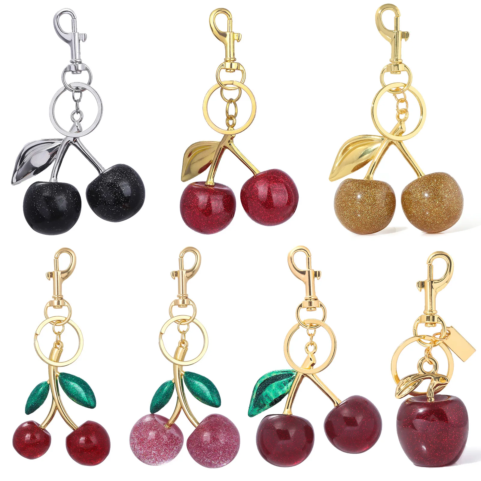 Delicioso llavero de cereza roja y rosa de cristal, llavero con colgante de cerezas y frutas de verano para mujeres y hombres, joyería, bolso, accesorios para llaveros, regalo