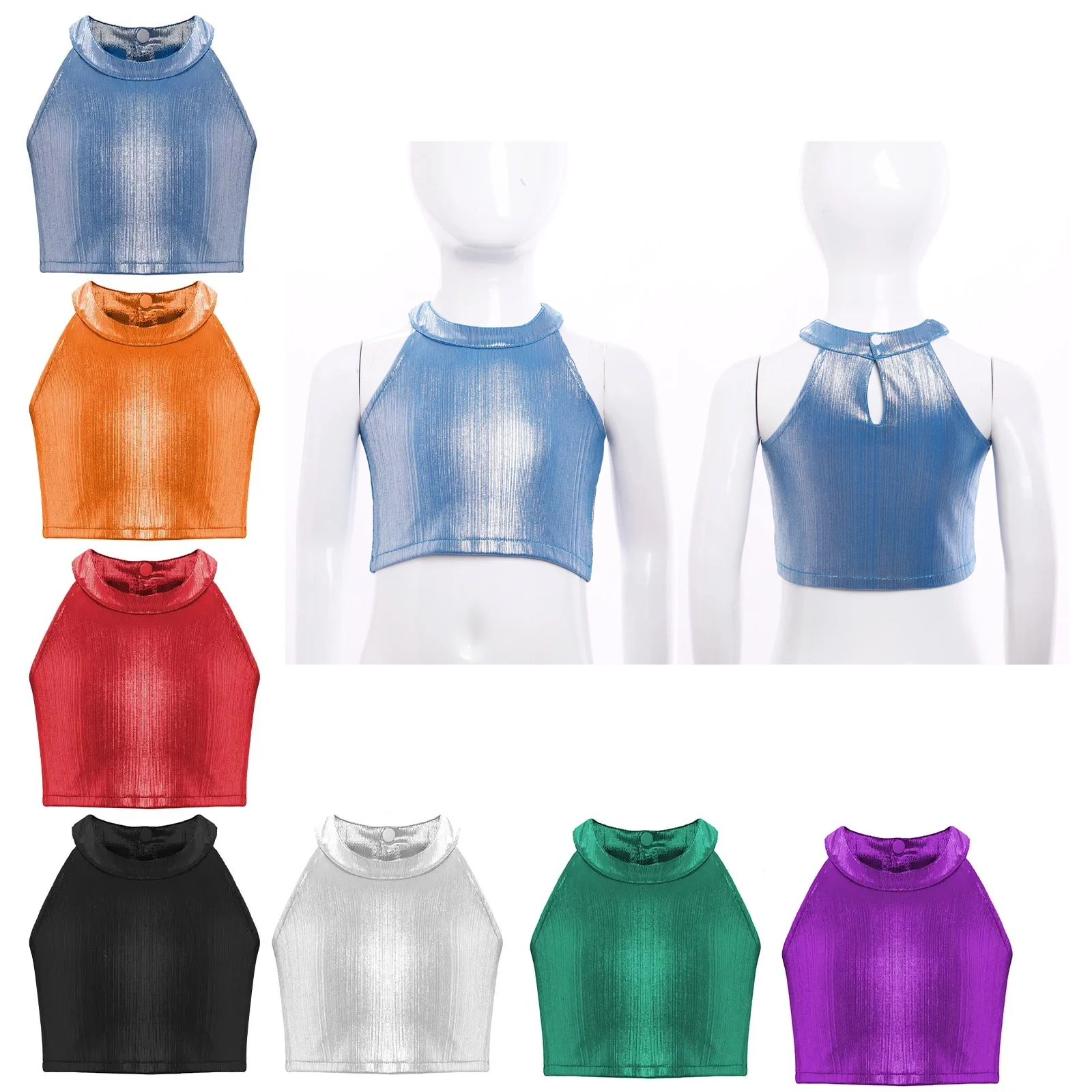 

Kids Girls Shimmery Camisole Ballet Dance Crop Tops Sleeveless Shiny Metallic Tank Vest Jazz Dance Performance Workout Costume
