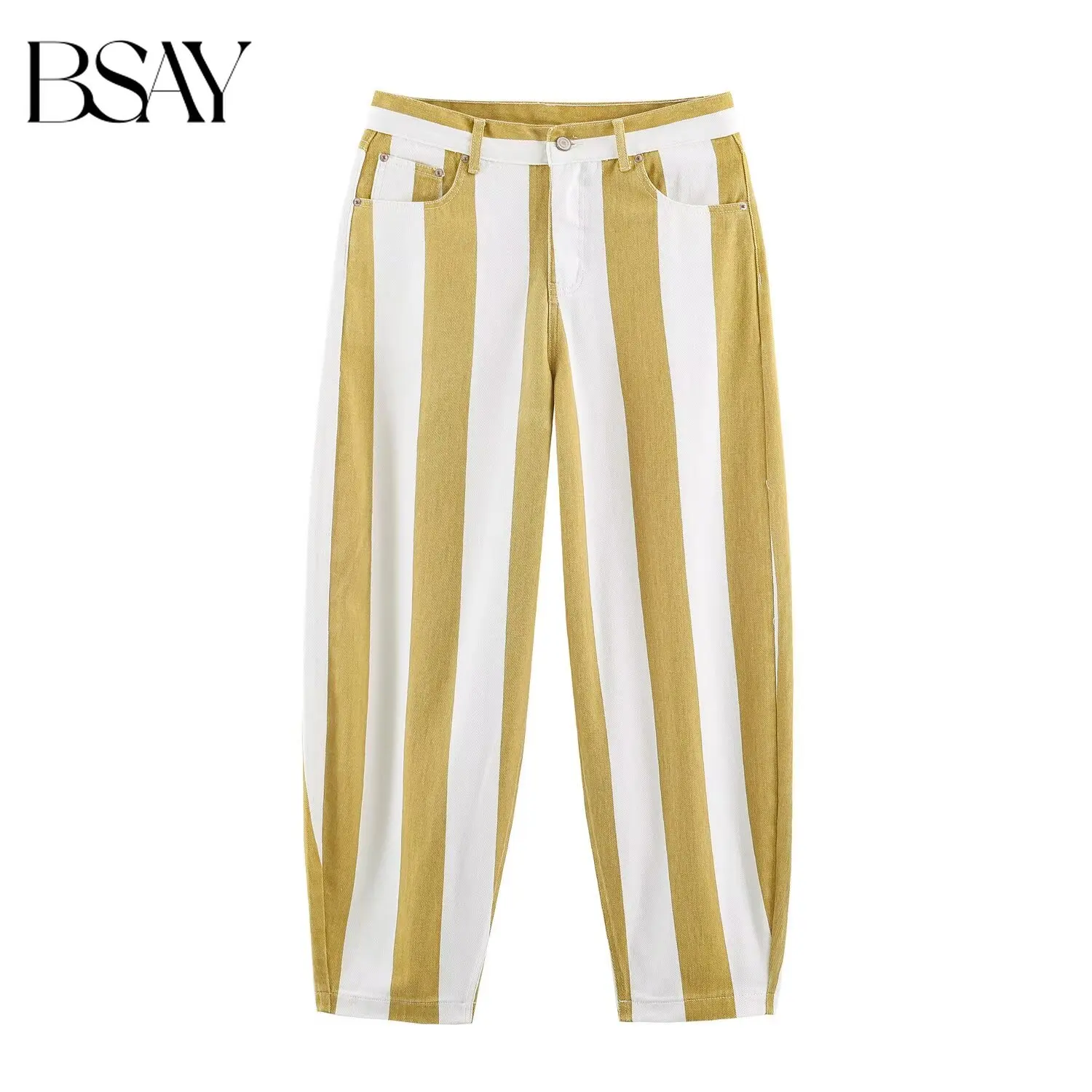 BSAY 2026 New Women Vertical Striped Jeans High Waist Loose Harem Pants White Yellow Stripe Cropped Denim Trousers With Pockets
