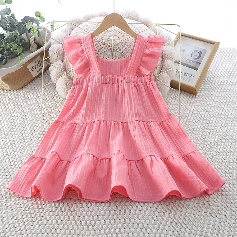 Girls Cake Princess Dress Solid Color Suspender Flying Sleeve Pink Dress Casual Kids Clothes Fashion Summer Wear