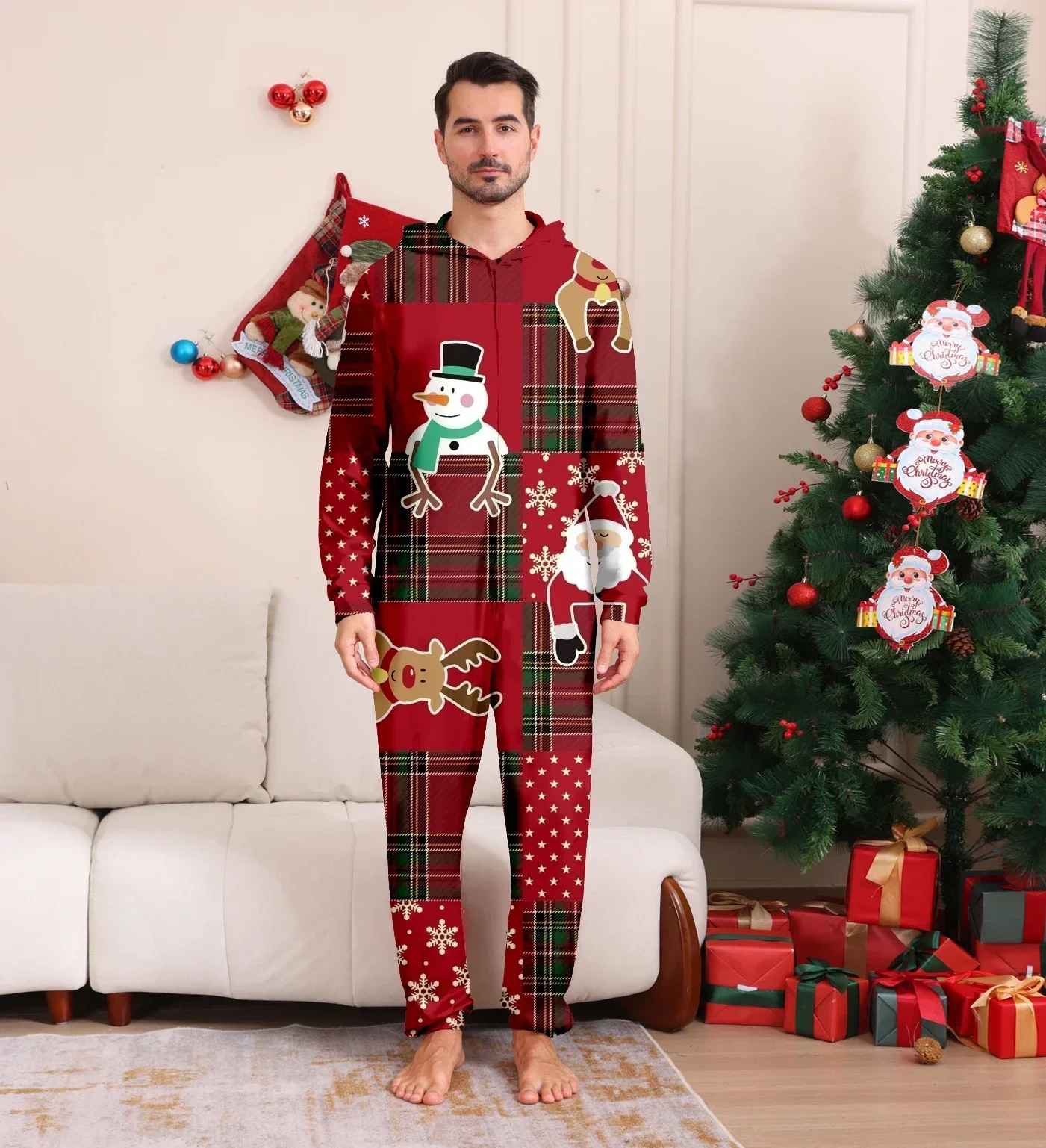 الشتاء 2024 الكرتون لطيف كل انحاء طباعة عيد الميلاد منامة مجموعة سستة الأيائل الأذن مقنعين بذلة قطعة واحدة رومبير عيد الميلاد الأسرة نظرة