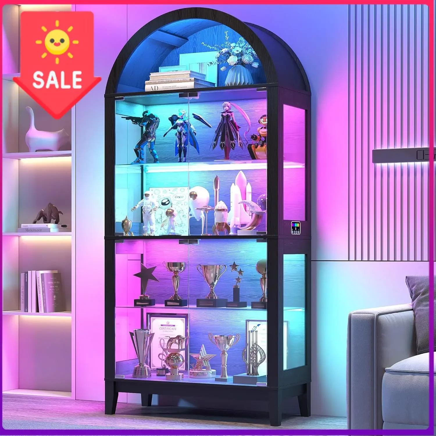 5-Tier Arched Glass Display Cabinet with RGB Music Sync Motion Sensor,Black