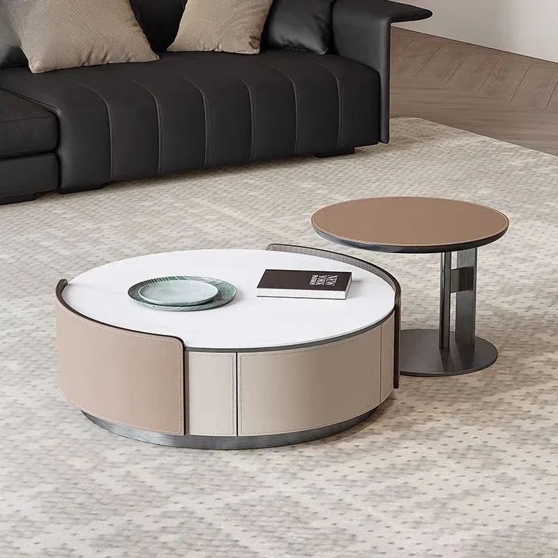 High-end living room coffee table high-end atmosphere rock slab size round coffee table combination saddle leather