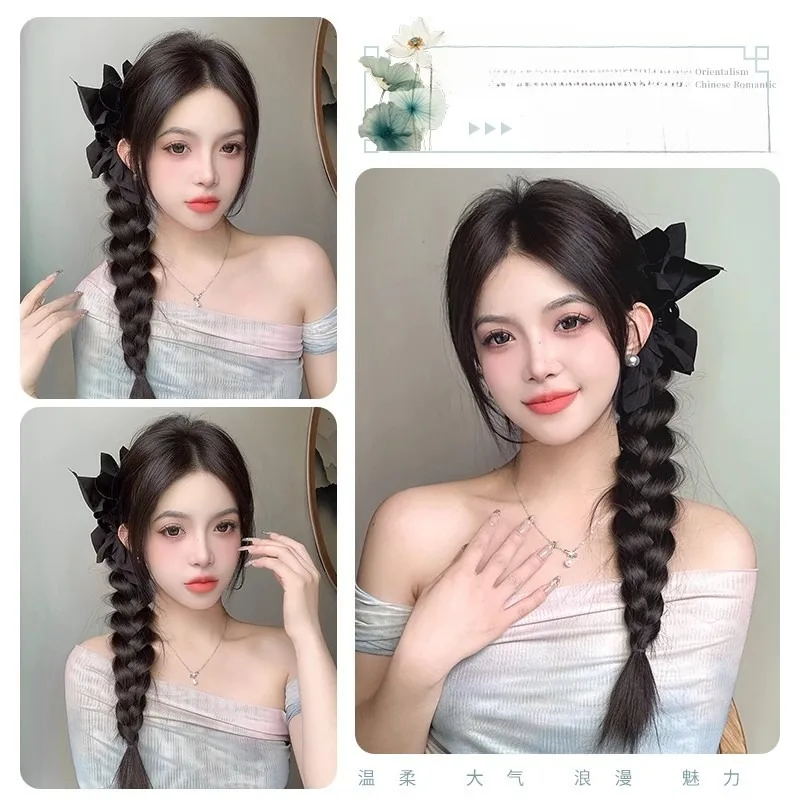 الجانب التعادل الاصطناعية خصلات شعر مضيئة مع الأسود فراشة عقدة مقاطع كسول مخلب كليب مضفر ذيل حصان شعر مستعار هيربيسي #4