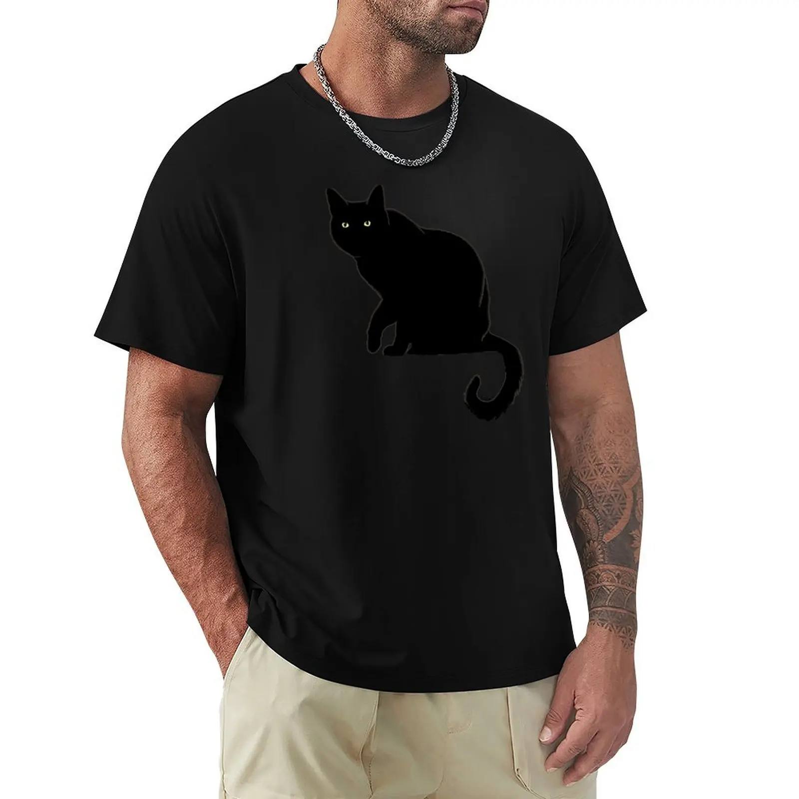 Pitch Black Cat - Sage Green Background T-Shirt Plus Size Summer Short Sleeve T-Shirt